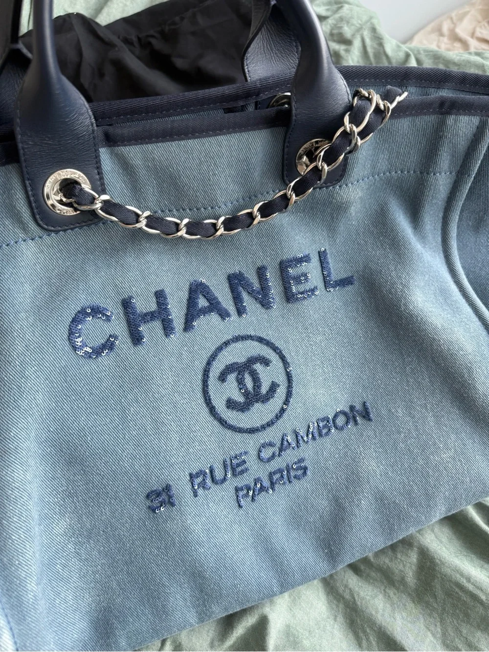 CHANEL Denim Blue Canvas Medium Deauville Sequins Tote